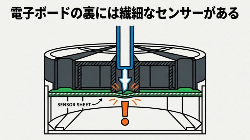 電子ダーツボードの内部構造を示し、表面から無理に押し込むと背後の繊細なセンサーシートを傷つけてしまうリスクを警告する図解。