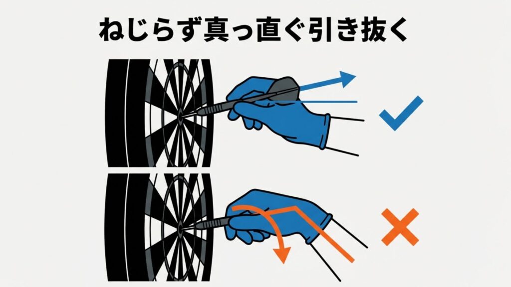ダーツを抜く際に上下にこじるNG動作と、刺さった角度に対してまっすぐ引き抜く正しい動作を比較したイラスト。