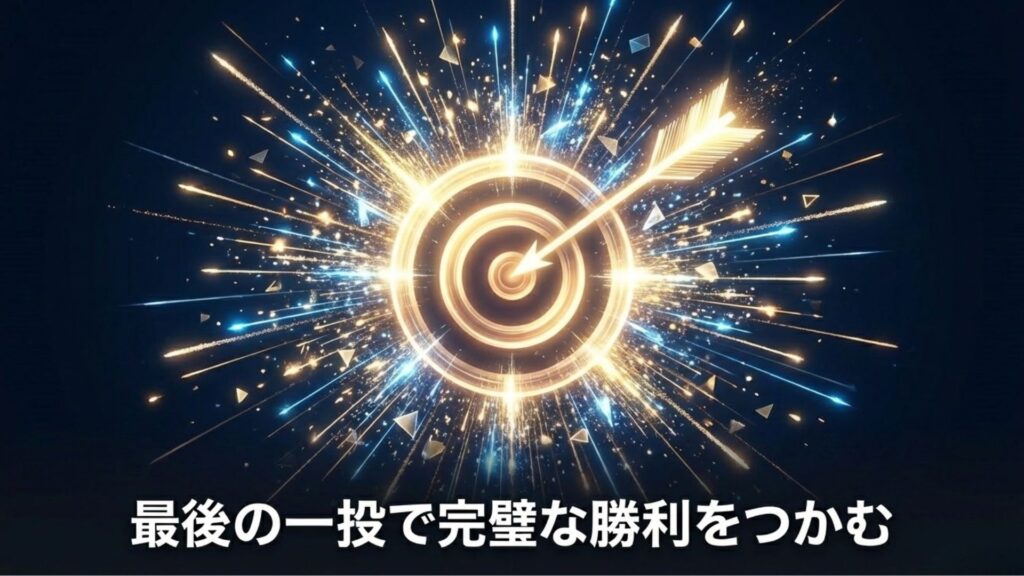 最後の一投が的の中心に刺さってまばゆく光り輝き、完璧な勝利をつかむ様子を表した画像