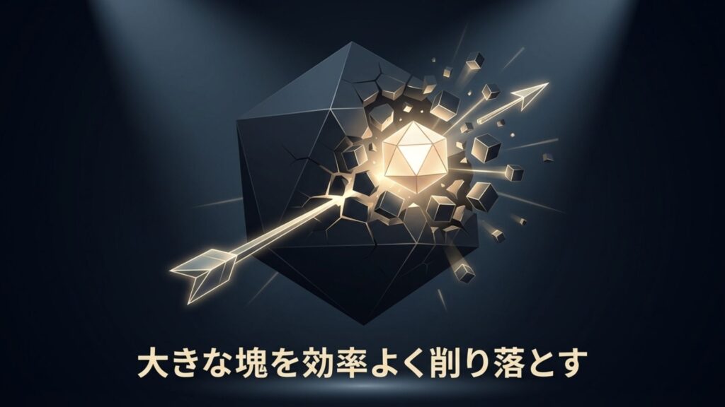 ダーツの矢がキューブを砕き、大きな塊を効率よく削り落とす様子を表した図解画像