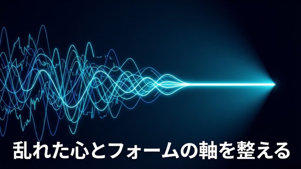 乱れた波形が一本の真っ直ぐな光の線に収束し、乱れた心とフォームの軸が整う様子を表した画像
