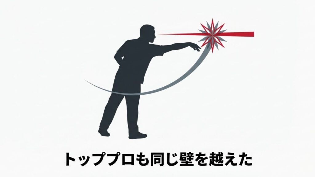 ダーツを構えるプロ選手のシルエットと、的へ向かう視線の直線