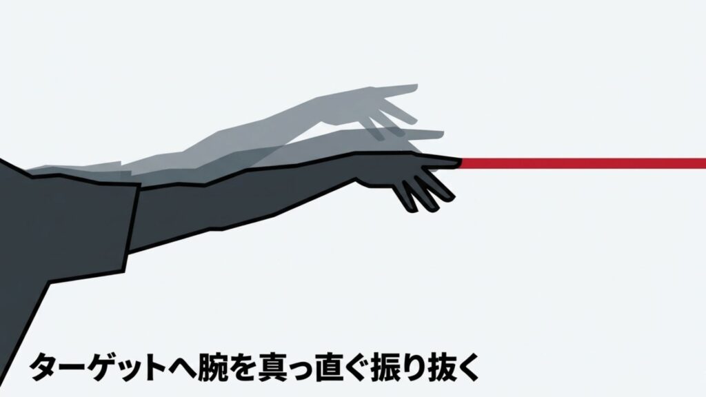 ターゲットへ腕を真っ直ぐ振り抜くフォロースルーのシルエット