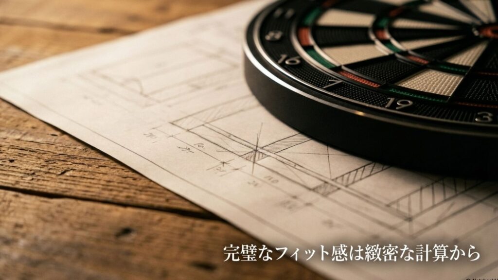 完璧なフィット感は緻密な計算から生まれることを表すダーツボード設置のイメージ
