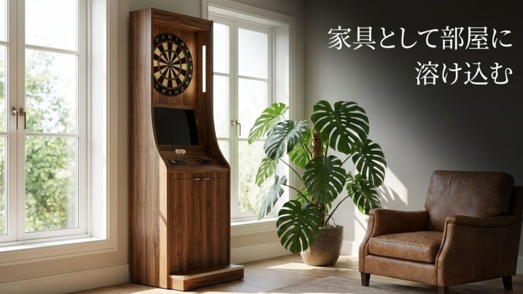 家具として部屋に溶け込む木製ダーツスタンドのおしゃれなイメージ