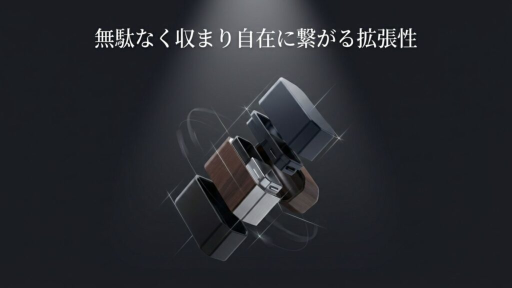 無駄なく収まり自在に繋がる拡張性を持った多機能型チップケースの図解