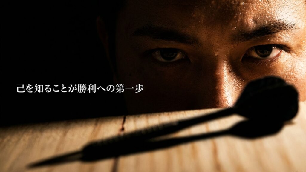 己を知ることが勝利への第一歩というキャッチコピーとダーツのスタッツやレベルを表現したイメージ