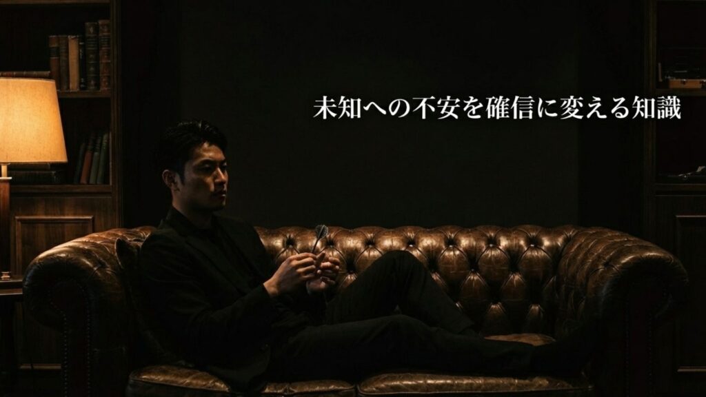 未知への不安を確信に変える知識というキャッチコピーとダーツ環境を思わせる部屋とランプの画像