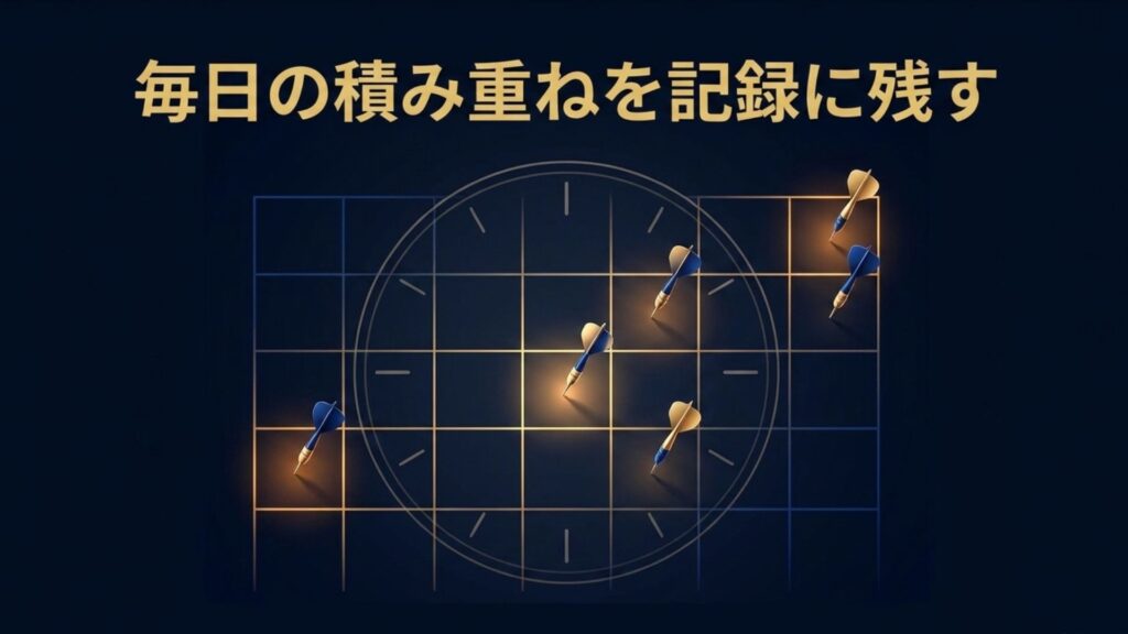 毎日のダーツ練習の積み重ねを記録に残すイメージ