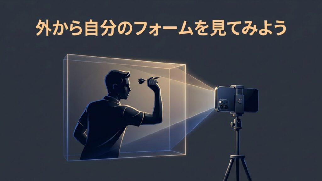 自分のフォームを外から見て確認するダーツプレイヤーのイメージ
