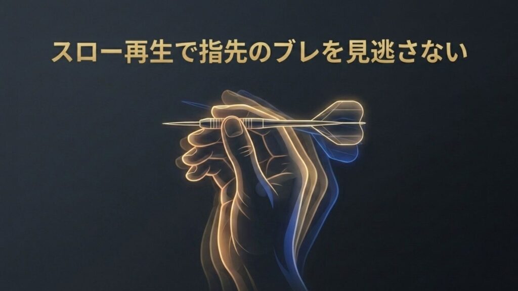 ダーツを持つ指先のスロー再生によるブレ確認のイメージ
