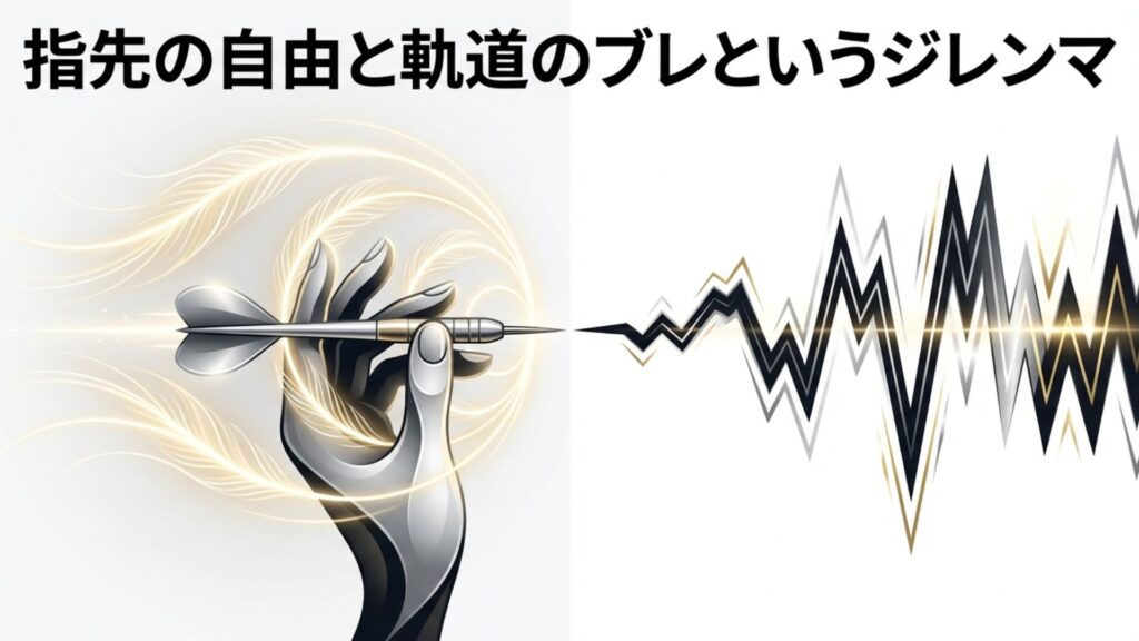 指先の自由と軌道のブレというジレンマを表したダーツの軌道イメージ
