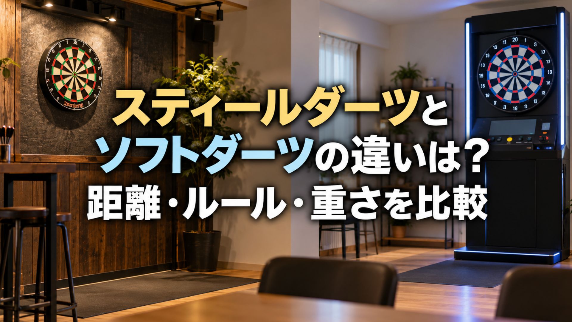 スティールダーツとソフトダーツの違いを比較した画像。2種類のダーツボードと距離・ルール・重さの比較タイトル