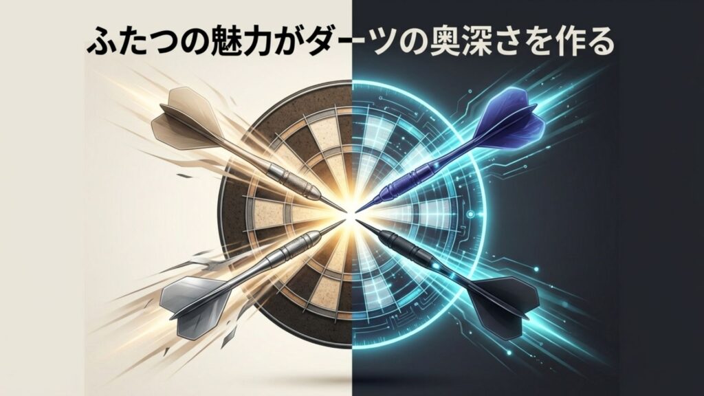 スティールダーツとソフトダーツのふたつの魅力が合わさったイメージ