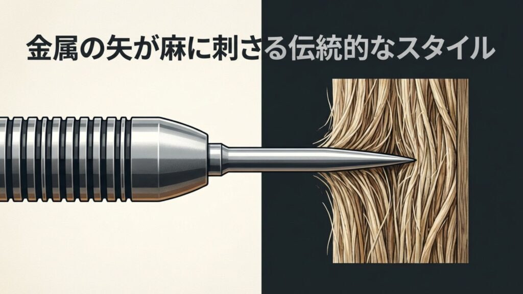 麻で作られたブリッスルボードに金属の矢が刺さる様子