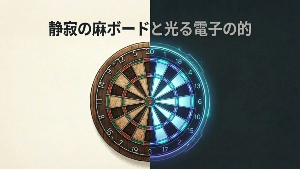 静寂な麻ボードと光る電子ダーツマシンの対比イメージ