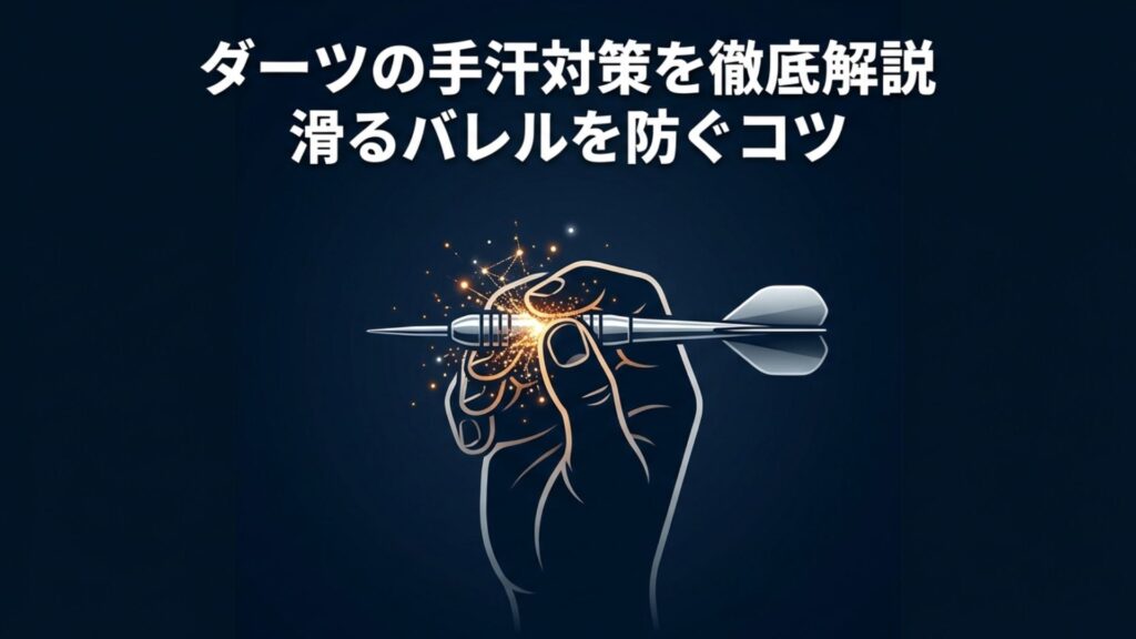 ダーツを握る手と、「ダーツの手汗対策を徹底解説 滑るバレルを防ぐコツ」というタイトル文字