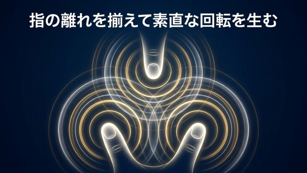指の離れを揃えて、ダーツに素直な回転を生むリリースの瞬間