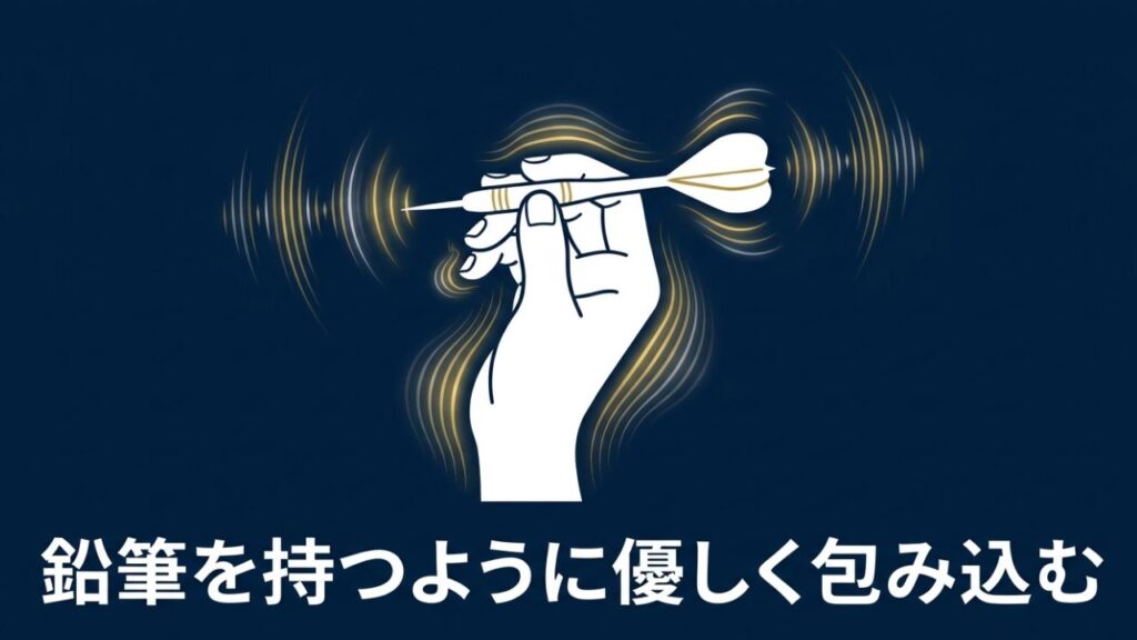 ダーツを鉛筆を持つように優しく包み込むペンシルグリップのイメージ