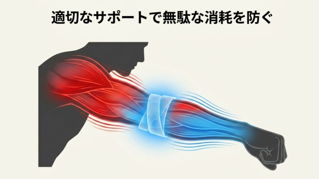 適切なサポートで無駄な消耗を防ぐ。腕の筋肉を包み込む着圧サポーターの図。