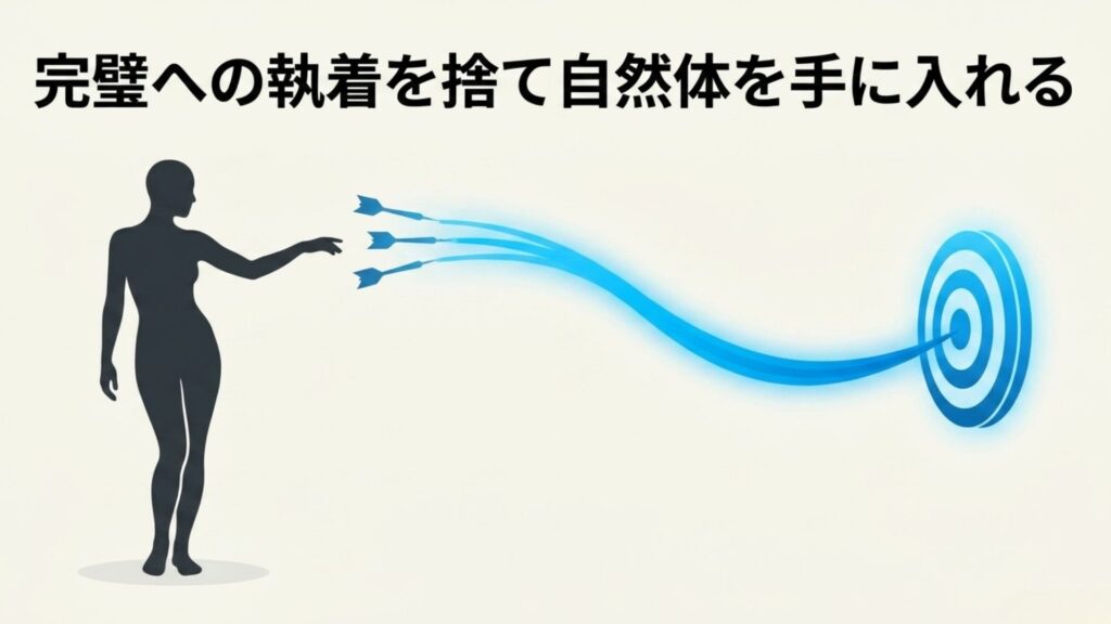 完璧への執着を捨て自然体を手に入れる。しなやかに投げ出された3本の青いダーツが的に向かうシルエット。