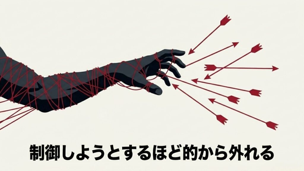 制御しようとするほど的から外れる。赤い糸で不自然に縛られた腕と飛び散る矢印。