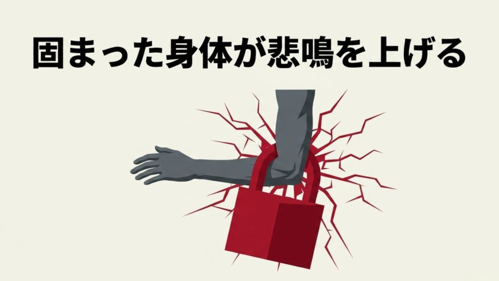 固まった身体が悲鳴を上げる。赤い南京錠で無理に固定されヒビが入った腕の図解。