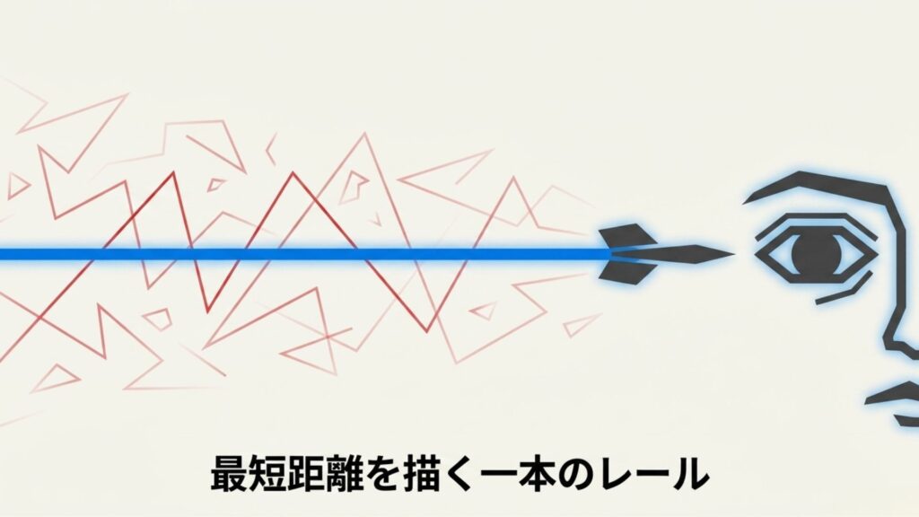 最短距離を描く一本のレール。目からターゲットへ一直線に伸びる青い軌道とダーツ。