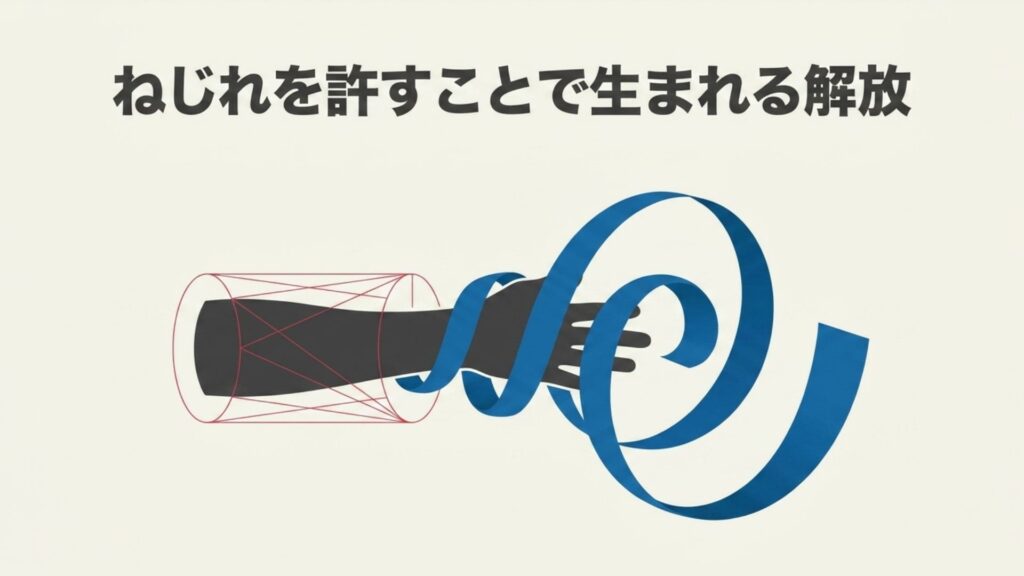 ねじれを許すことで生まれる解放。腕に柔らかく巻き付く青いリボンのようなねじれの図解。