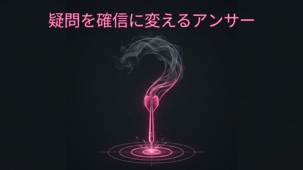 疑問を確信に変えるアンサーとブルに刺さるダーツのイメージ