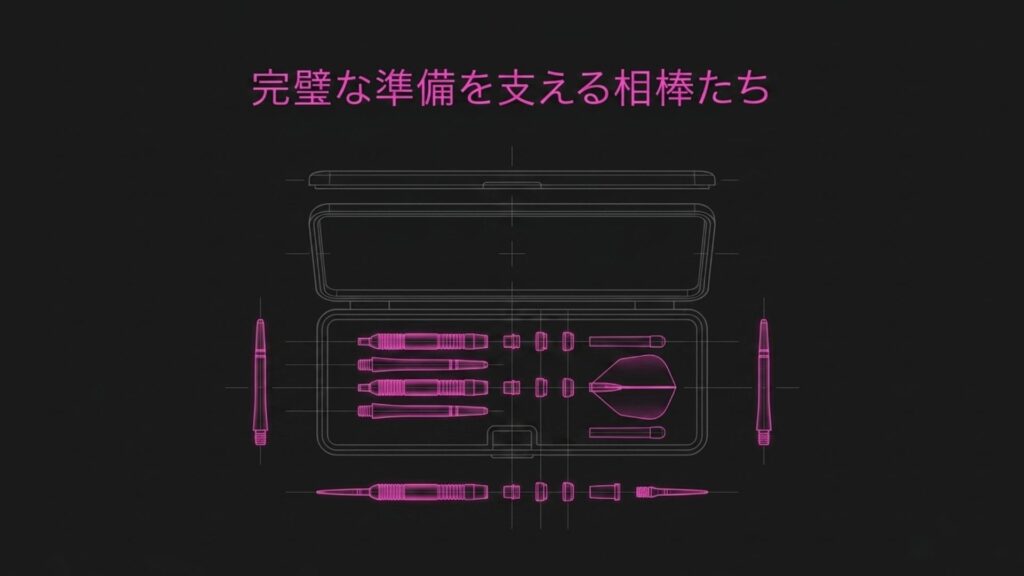 完璧な準備を支える相棒たちとして収納されたダーツケースの図解