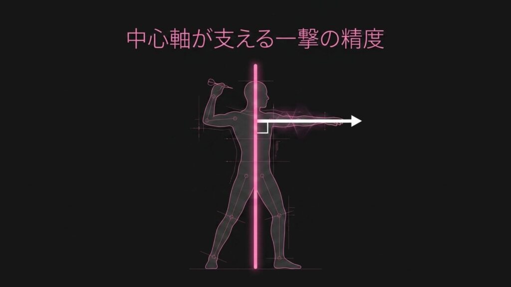 中心軸が支える一撃の精度を示すプレイヤーの体幹とフォームの図解