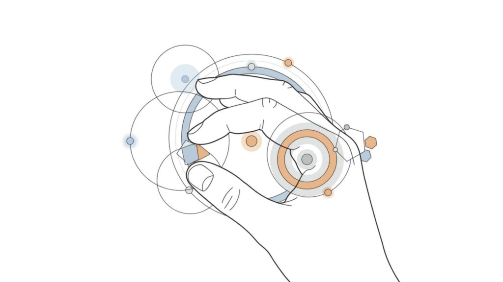 指先の位置や接触感を確認する手元を抽象的に表したイラスト