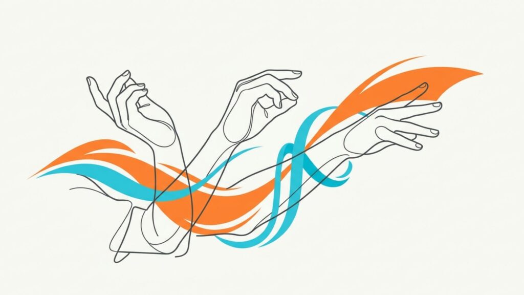 複数の手の動きと青・オレンジの曲線で手元の感覚や動きを抽象的に表した構図