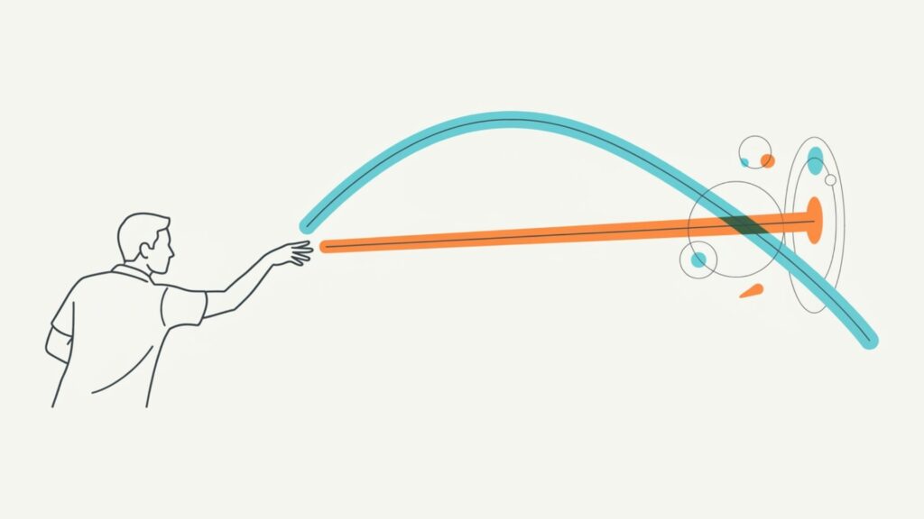 ダーツを投げる人物と青とオレンジの異なる軌道を抽象的に表した構図