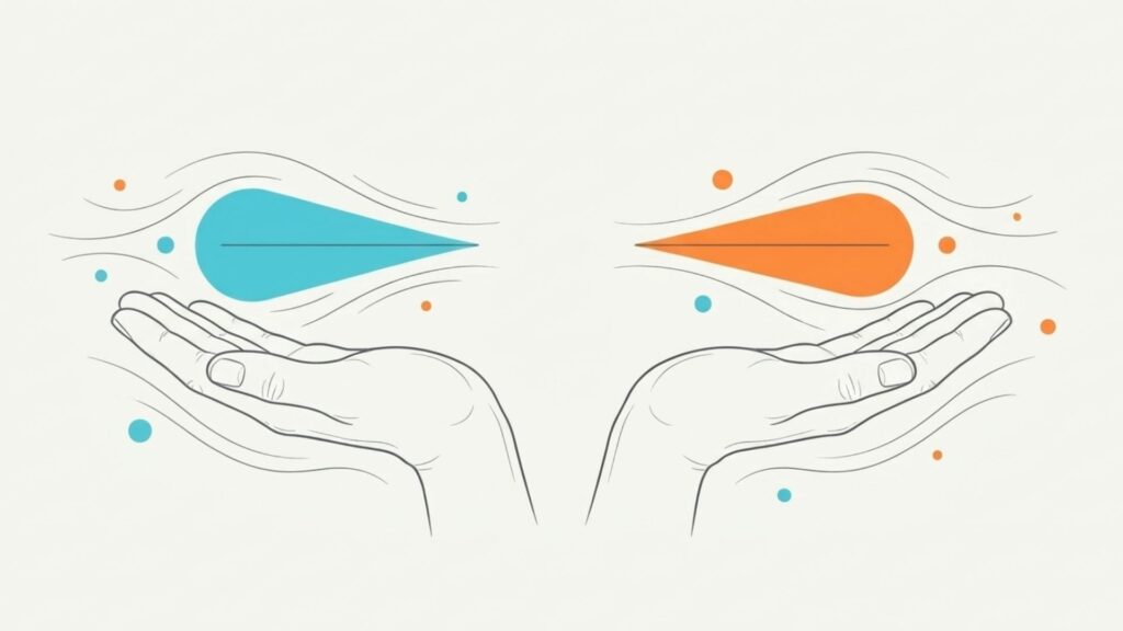 左右の手の上に青とオレンジの形を並べて2つの候補を比較する様子