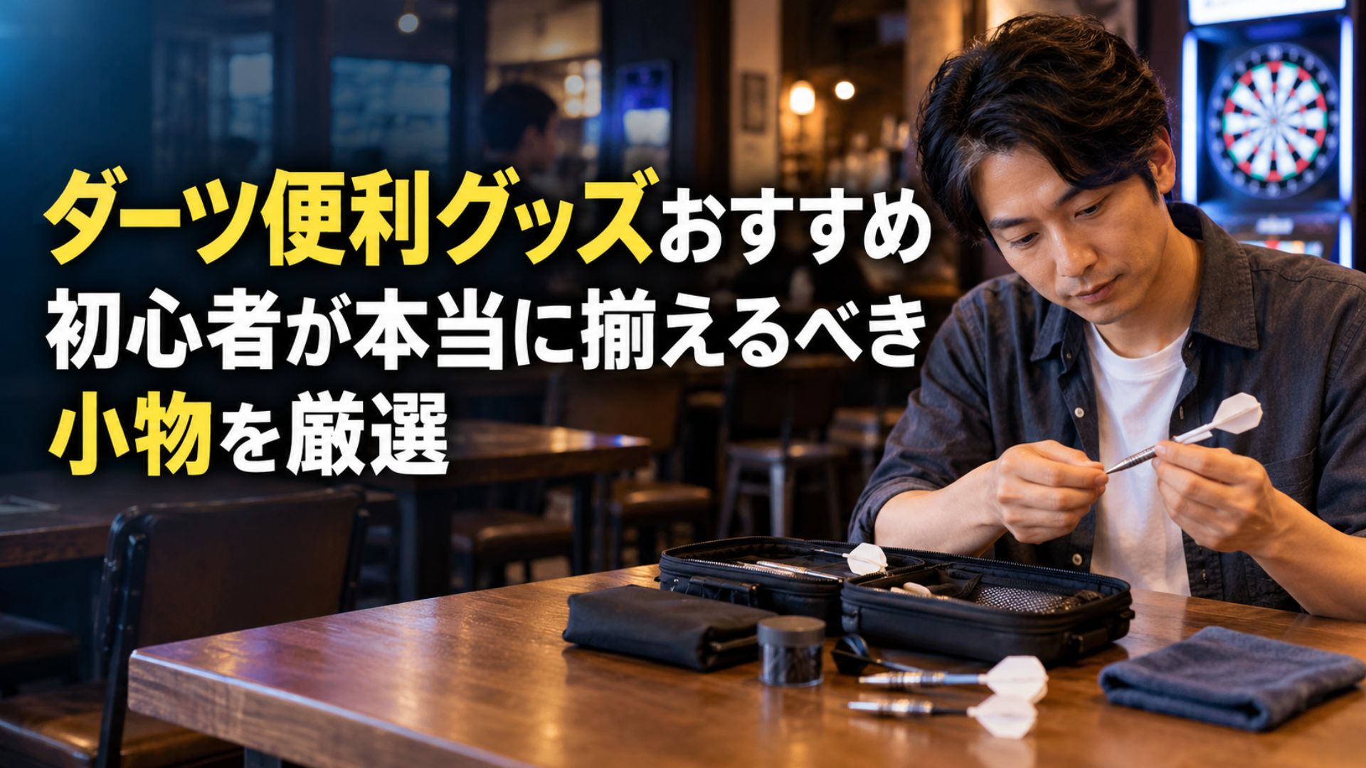 ダーツ便利グッズおすすめ｜初心者が揃えたいダーツケースや予備パーツを確認する男性