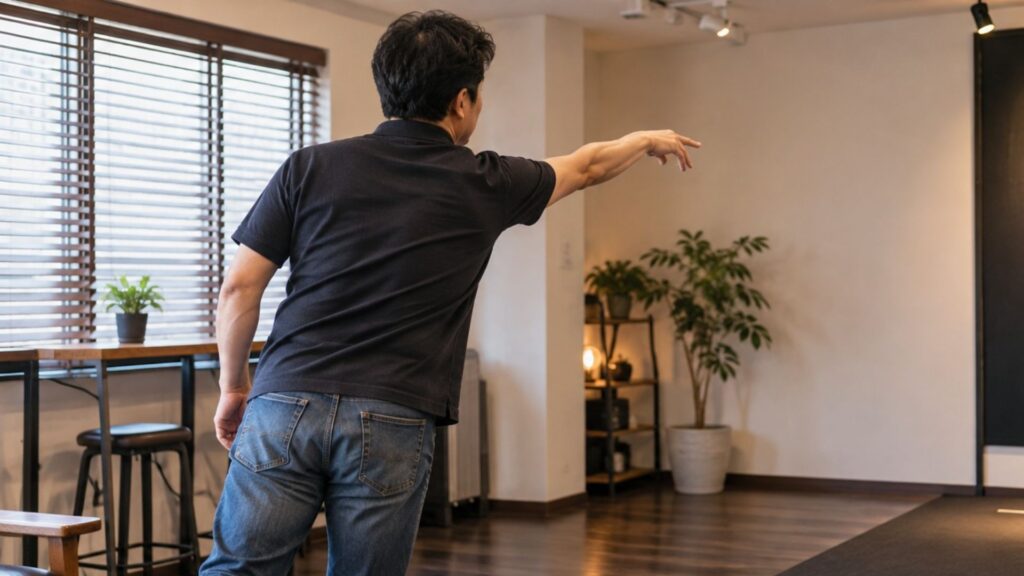 室内のダーツ練習スペースで投げ終えた腕を前方へ伸ばしている男性の後ろ姿
