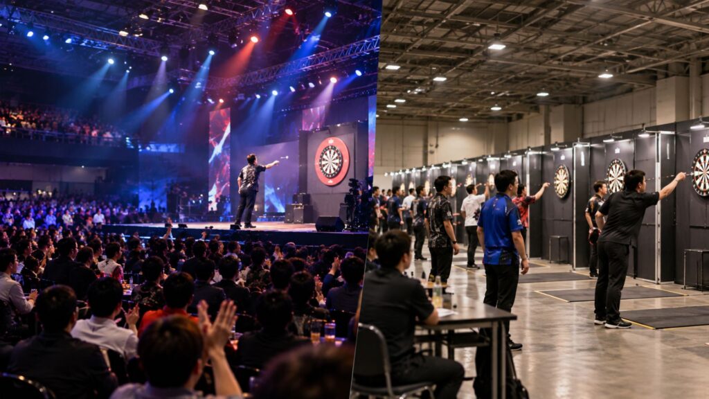 大勢の観客が集まる大型ダーツ大会と、複数の選手が同時に試合を行うツアー大会の会場比較