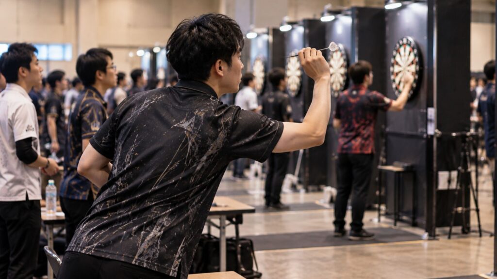 複数のスティールダーツボードが並ぶ競技会場で、ダーツを構える男性選手と試合を見守る参加者たち