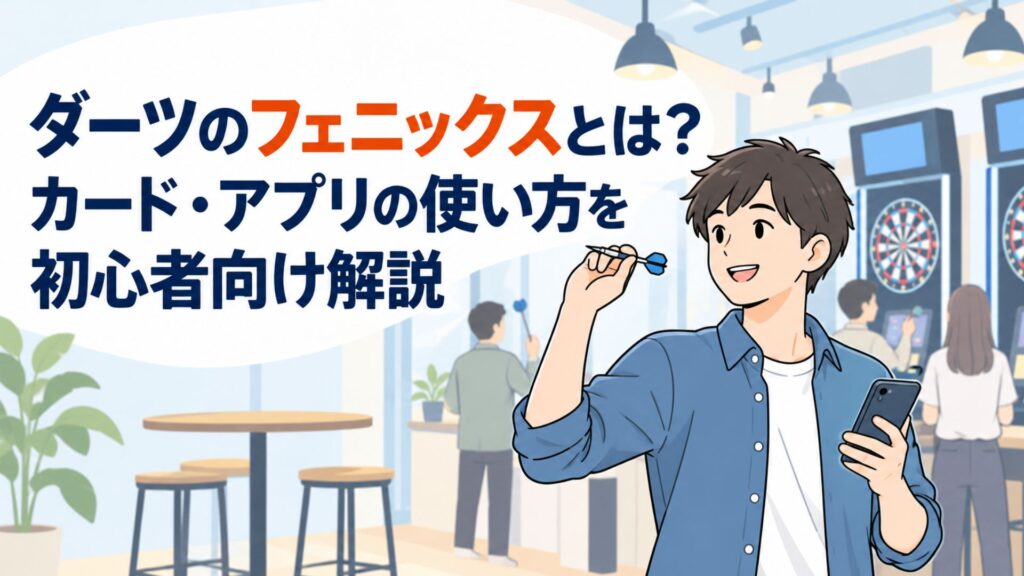ダーツバーでスマートフォンとダーツを手に、フェニックスの使い方をイメージする初心者の男性