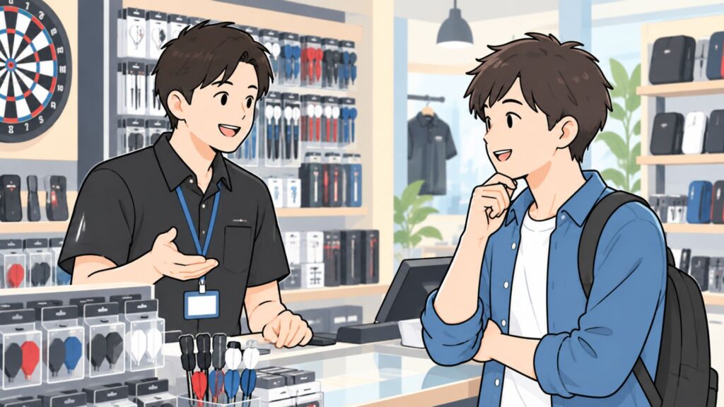 ダーツショップの店頭で、店員にカードの購入について相談している男性