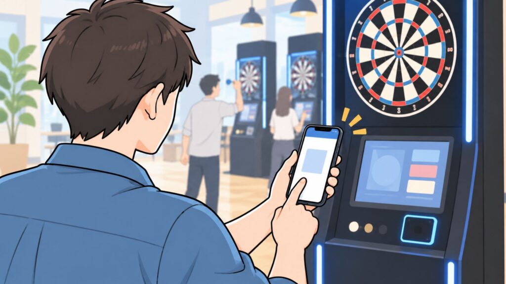 ダーツマシンの前で、スマートフォンを使ってログインしようとしている男性