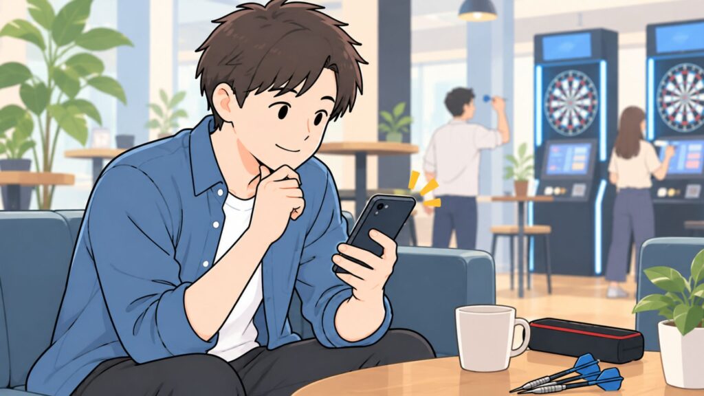 休憩スペースでスマートフォンを見ながら、練習結果を振り返っている男性