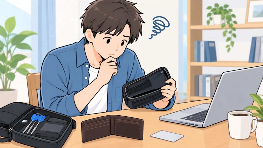 自宅の机でカードケースや財布を確認しながら、紛失したカードの対応を調べている男性