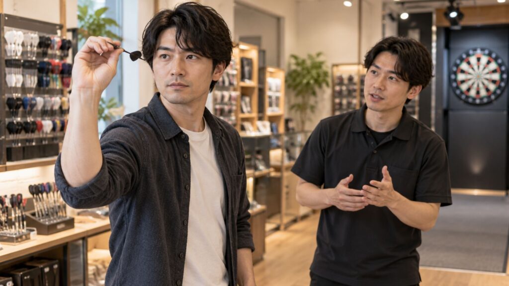 男性がダーツボードに刺さったダーツの位置を確認している後ろ姿